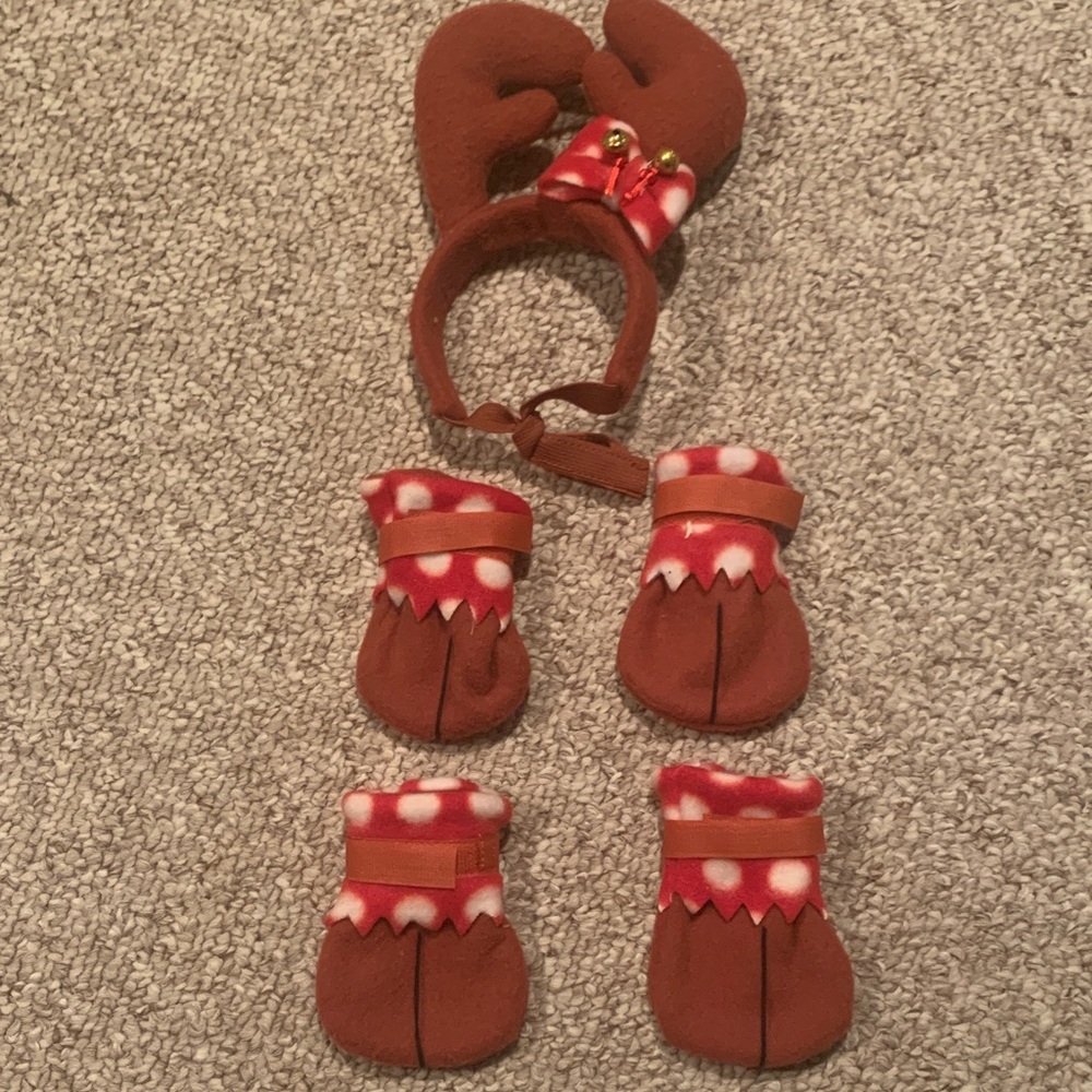 Festive Brown Antler Headband and Mittens Set for Dogs